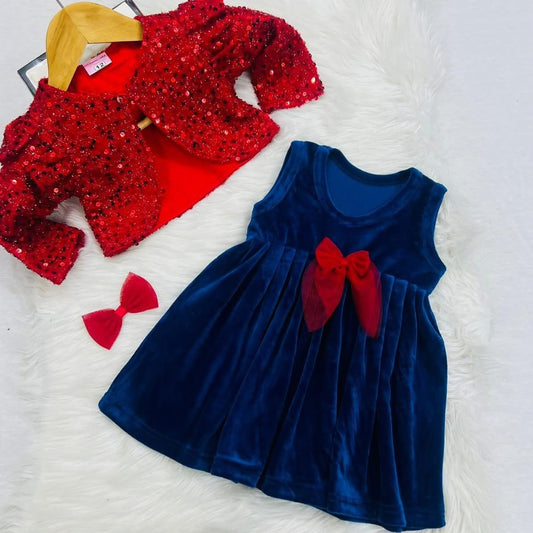 A red sequin jacket and blue velvet party dress set for baby girls