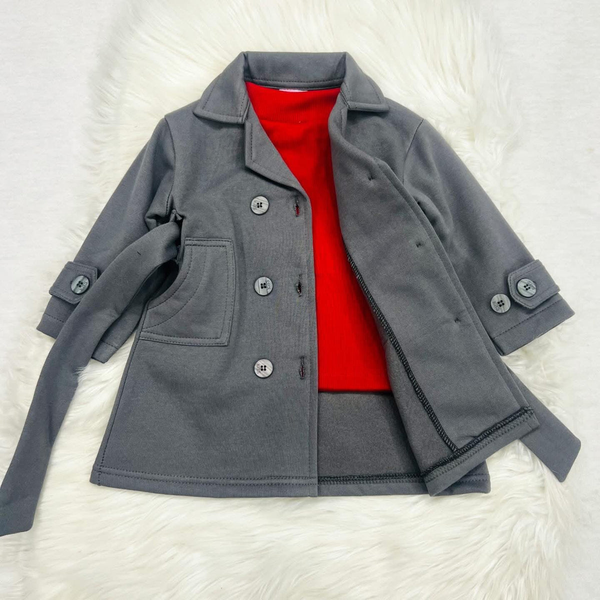 Grey long coat with red turtleneck fleece stuff