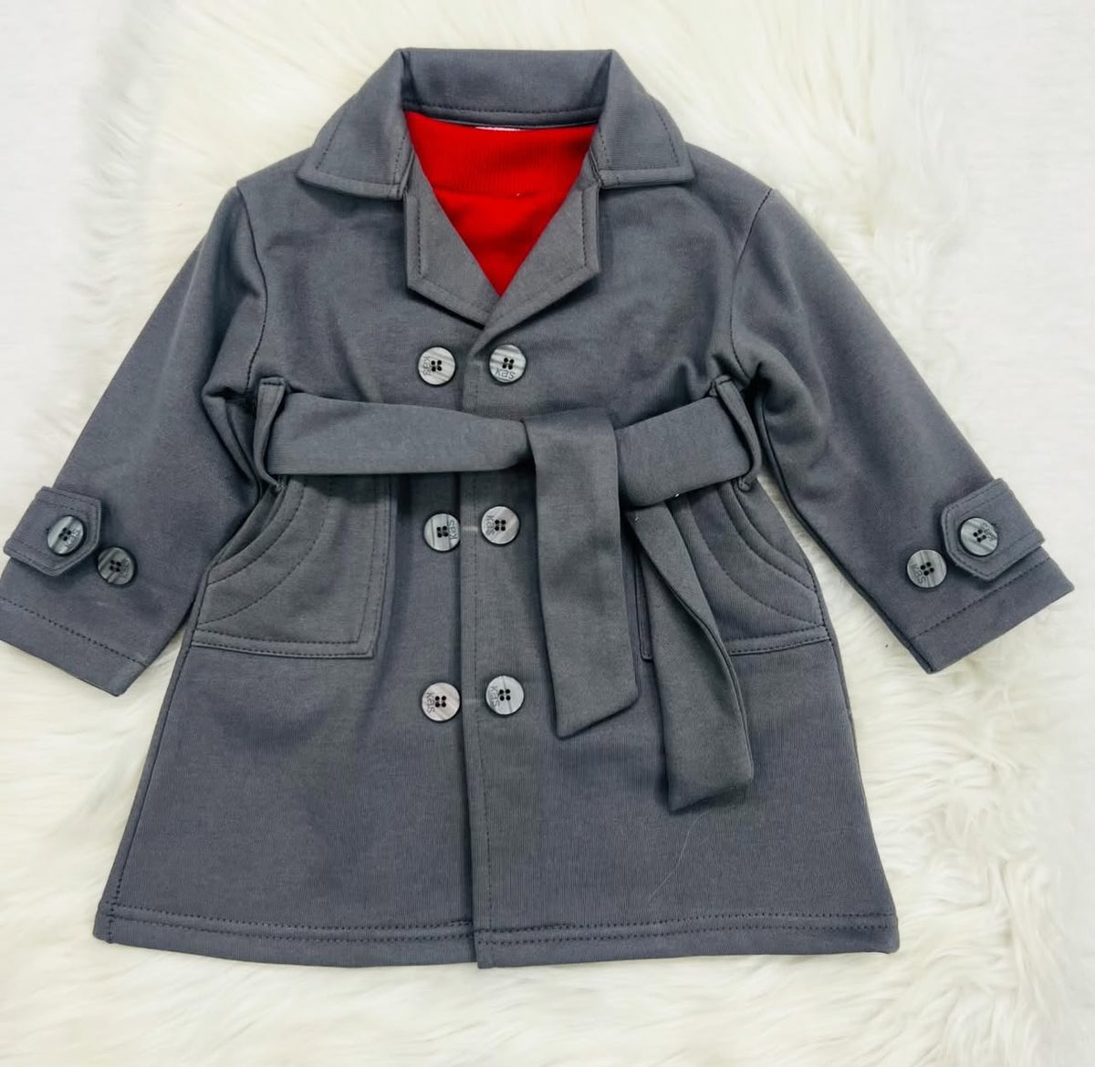 Grey long coat with red turtleneck fleece stuff