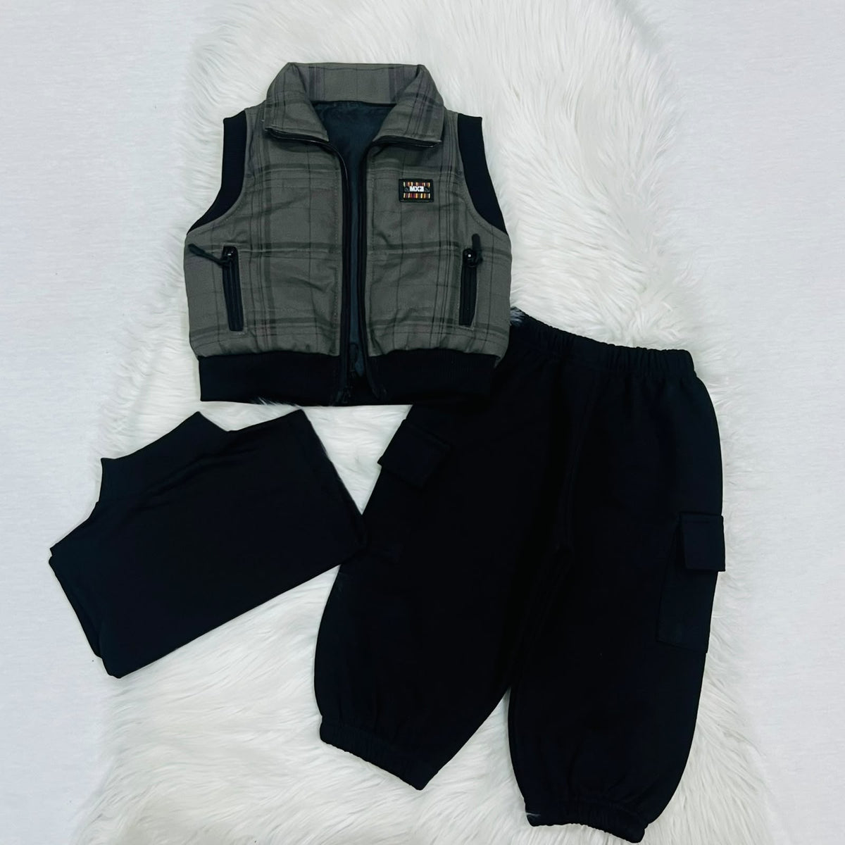 3-piece set features a cozy high-neck top, relaxed cargo joggers, and a classic plaid zip padded jacket winter stuff