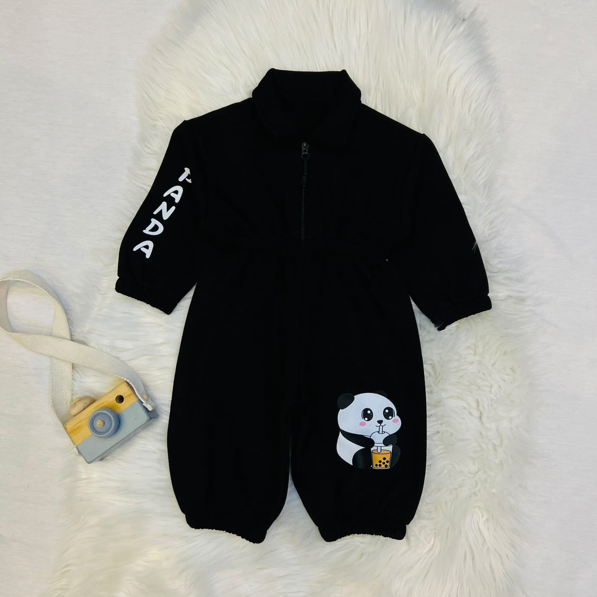 Panda Perfection 🐼✨ Keep your little one stylish and warm in this adorable black jumpsuit set fleece winter stuff