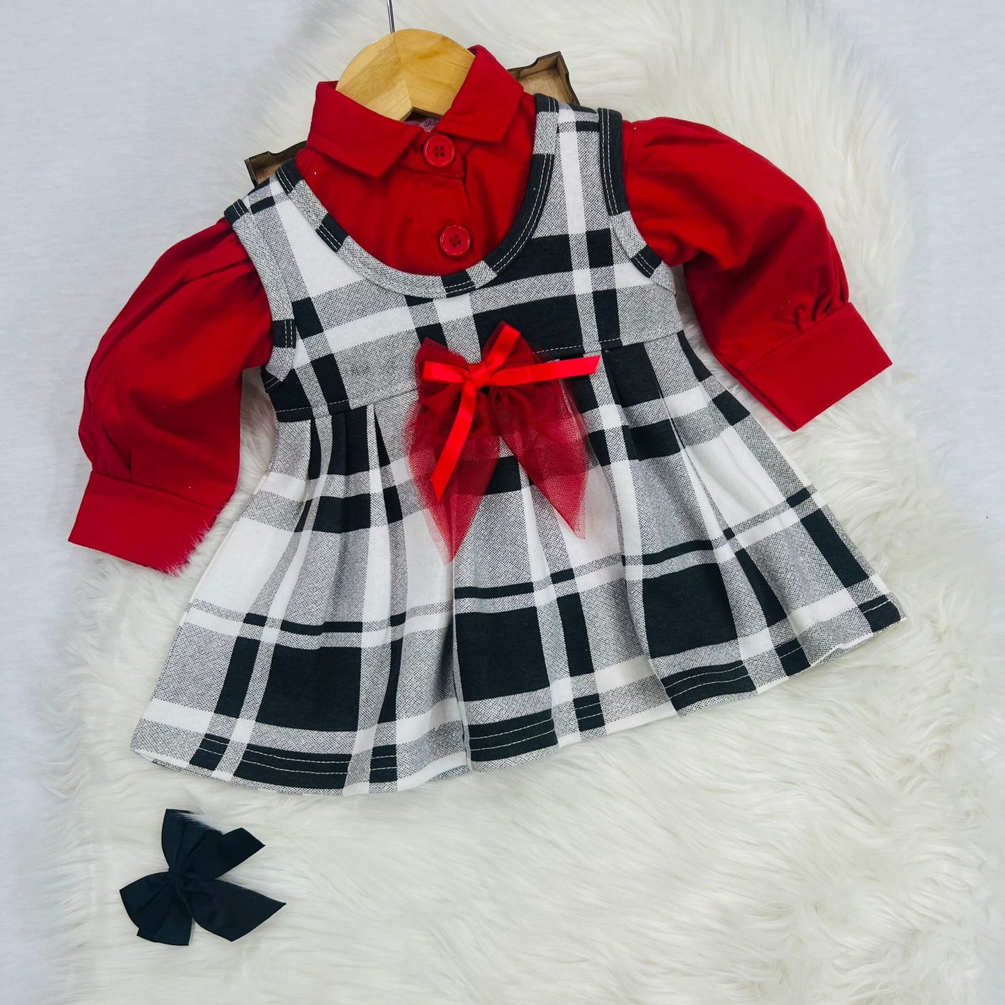 Red Top White Black Check Frock Fleece