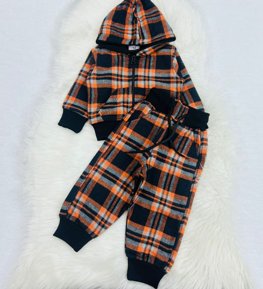 Orange Black Check Hoodie Trouser Fleece