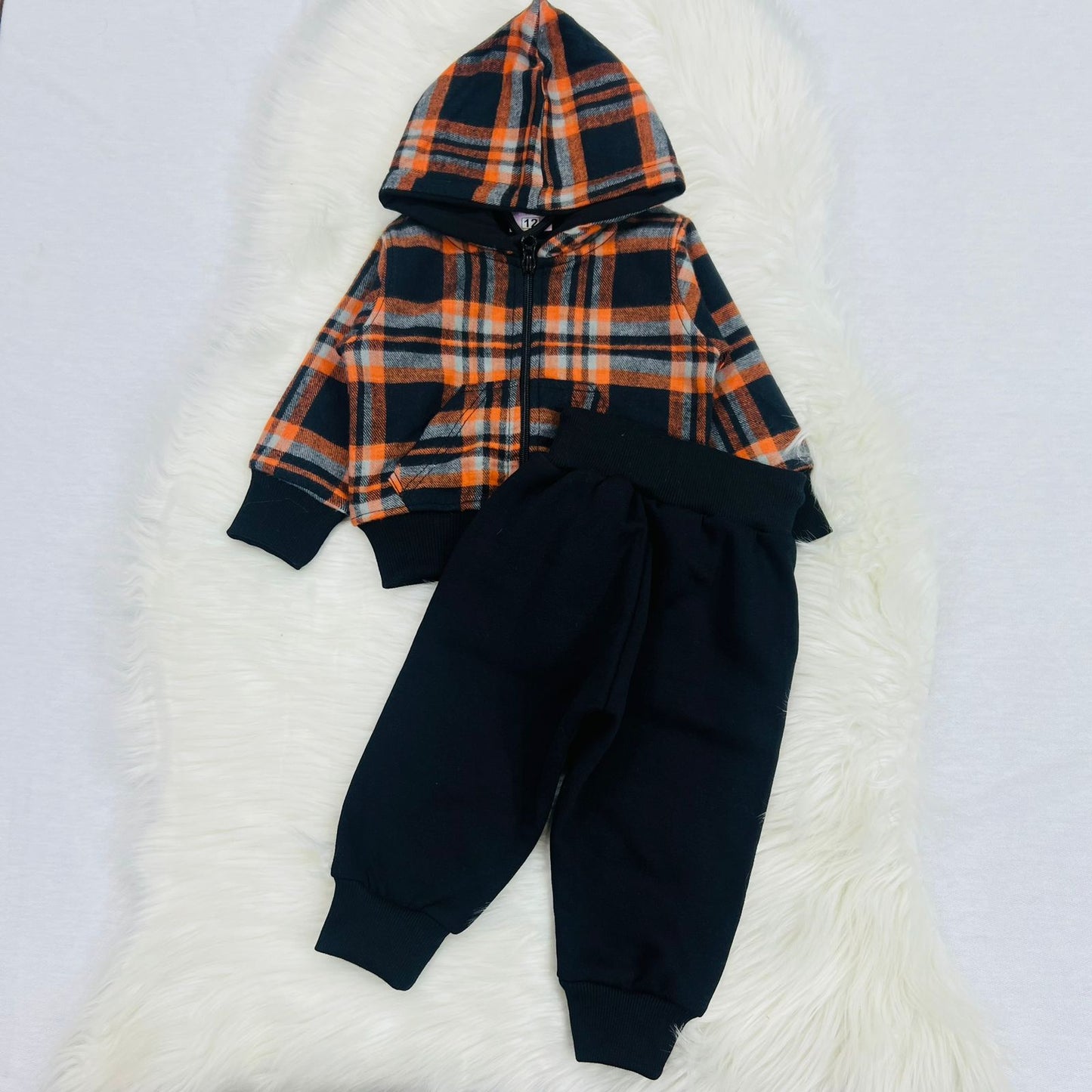 Orange Black Check Hoodie Black Trouser Fleece