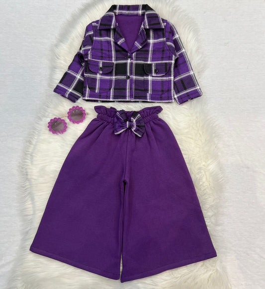 Purple Check Collar Top Purple Trouser Fleece