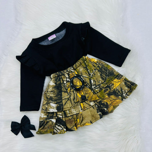 Black Top Print Skirt Fleece