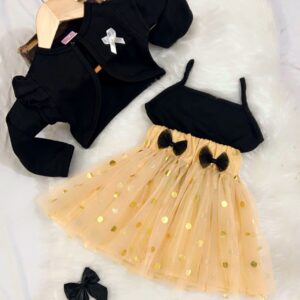 Black top / black coat / golden NET skirt