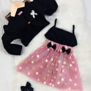 Black top / BLACK coat / pink POLKA NET skirt
