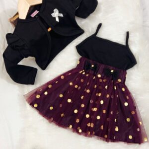 Black top / black coat / PURPLE polka net skirt