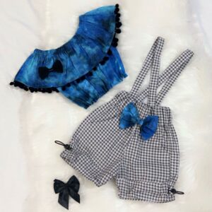 Blue die bow top / check short