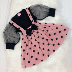 BLACK top net sleeves / peech polka skirt
